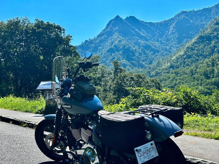 My Harley FXBB across from Chimney Tops, twin peaks that have stood for some 200 million years in these mountains.