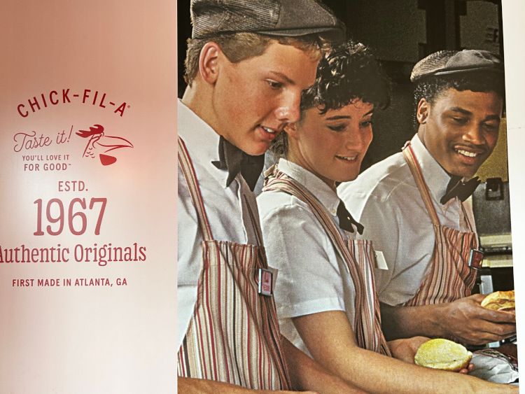 Three young Chick-fil-A workers shown in a promotional poster at the Maryville, Tennessee, lokcation.